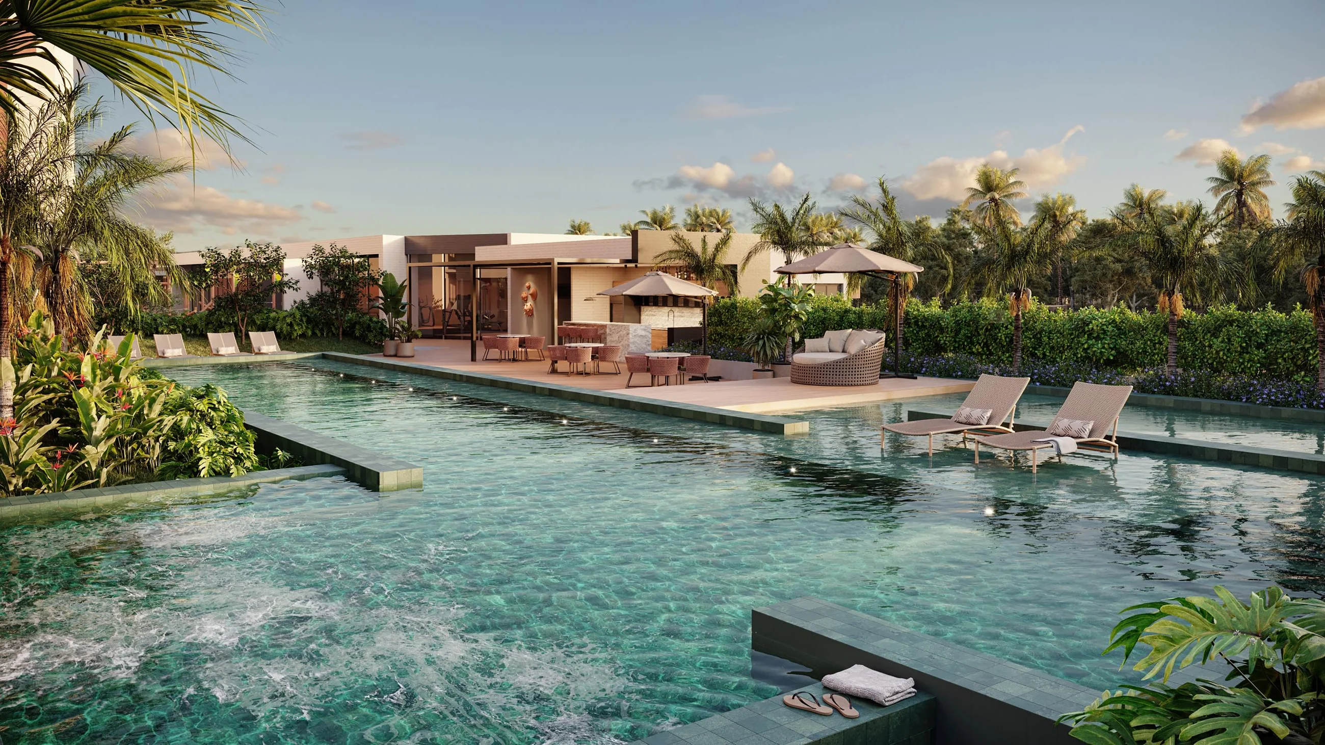 Piscina com raia e deck molhado
