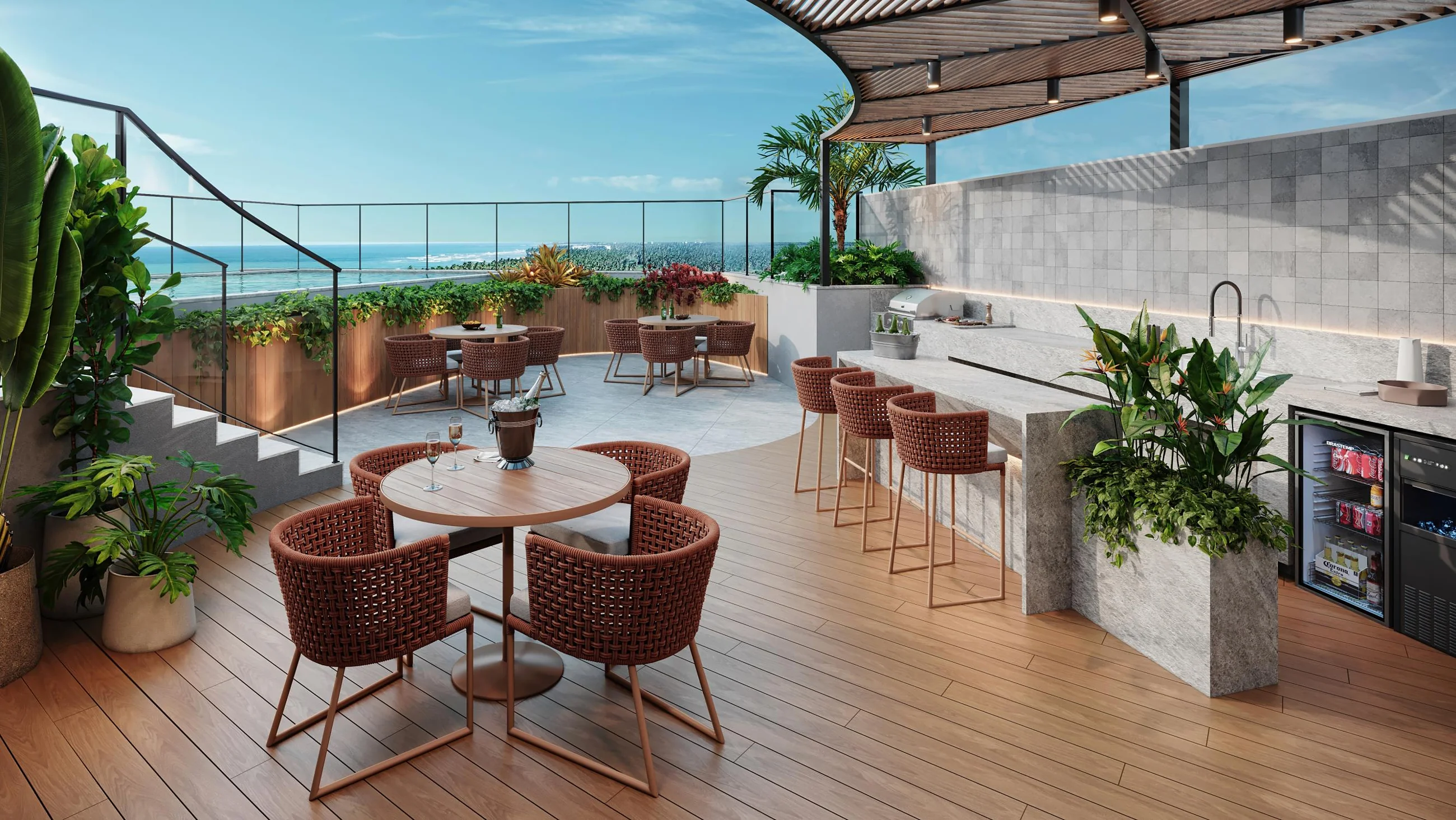 Rooftop com espaço gourmet, bar e mesas